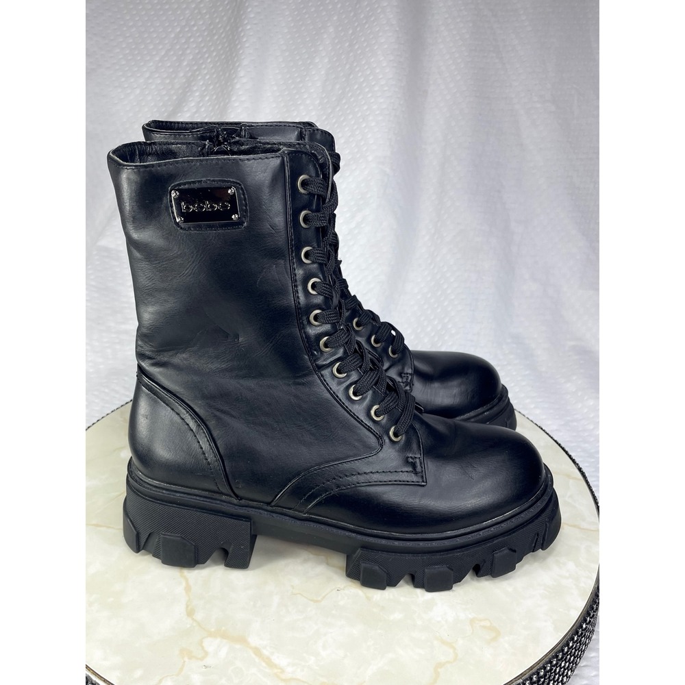 Bebe Oprah Lug Sole Combat Boots Women Sz 6 Black Faux Leather Lace Up Side Zip